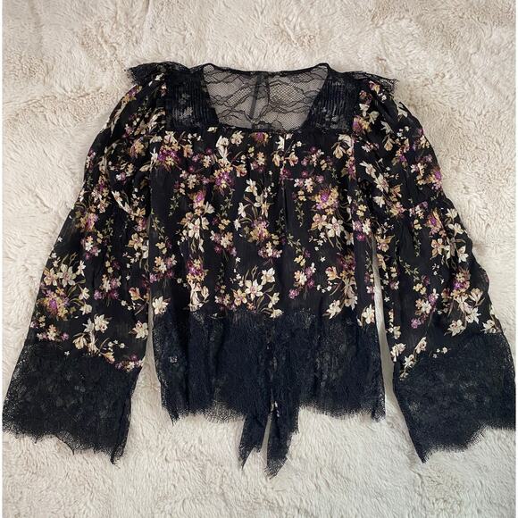 Anthropologie Black Lace Ruffle Floral Sheer Blouse - Picture 5 of 13